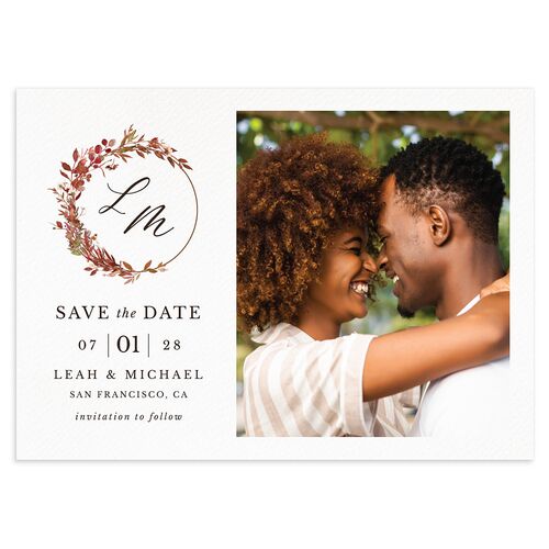 Leafy Monogram Hoop Save the Date Cards Maroon Signature smooth Blank No Standard