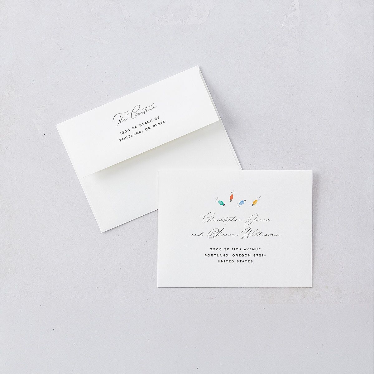 Whimsical Drawn Holiday Lights Thank You Card Envelopes White Sapphire Both Recipient and Return Addresses Signature Standard