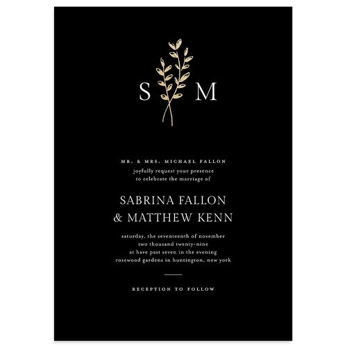 Elegant Botanical Initials Foil  Wedding Invitations Licorice Gold Signature Blank No Standard
