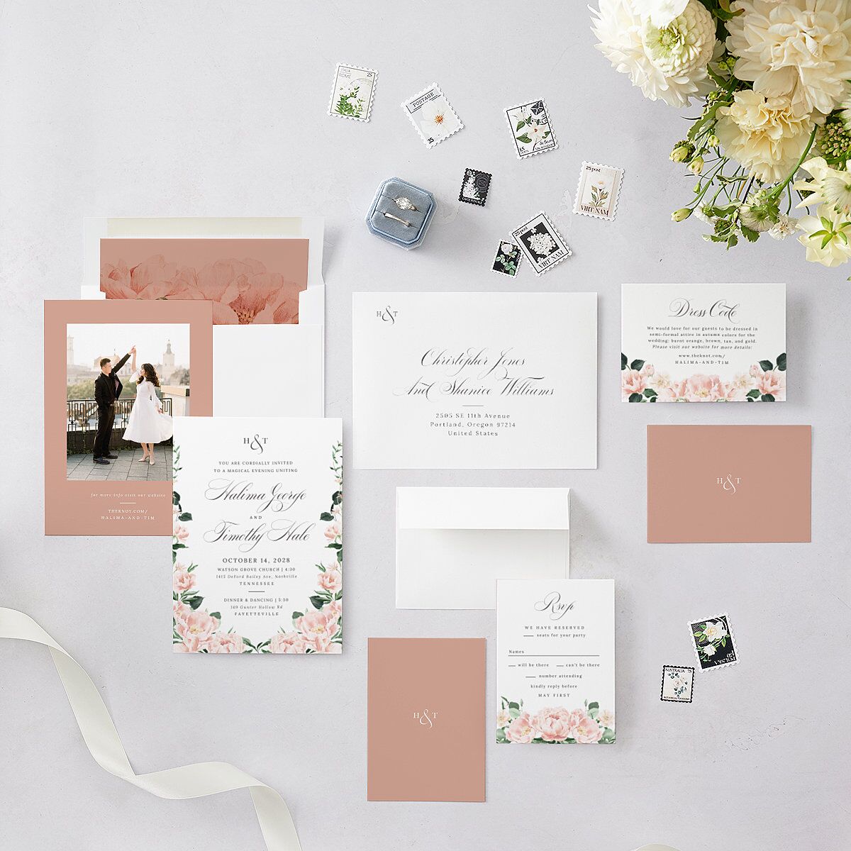 Formal Peony Garden Wedding Invitations Dusty Rose Signature Blank No Standard
