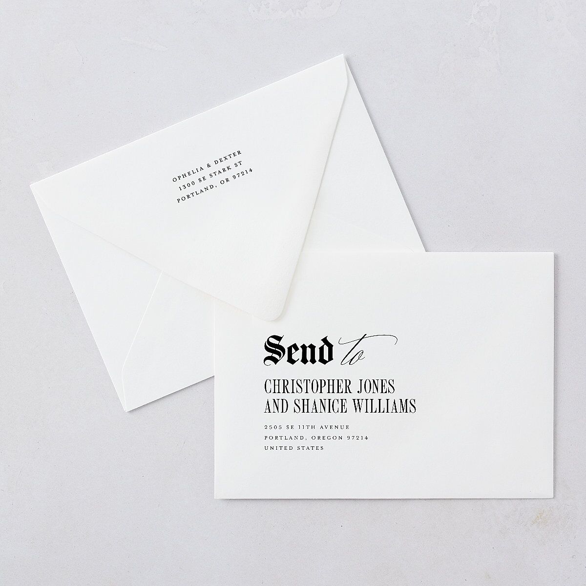 Til Death Gothic Photo Wedding Invitation Euro Envelopes White Sand Both Recipient and Return Addresses Luxe Signature