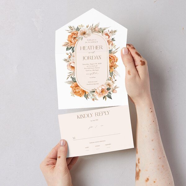 Bohemian Bouquet Foil All-in-One Wedding Invitations Peach Fuzz Signature Light Both Recipient and Return Addresses No