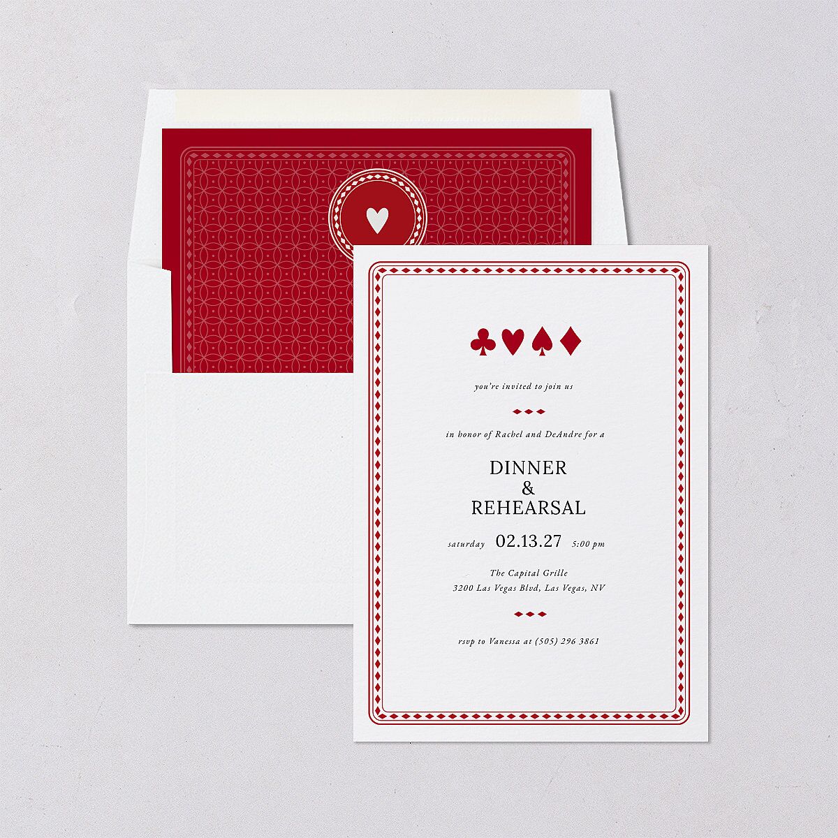 Las Vegas Playing Card Rehearsal Dinner Invitations Jewel Red Signature Blank