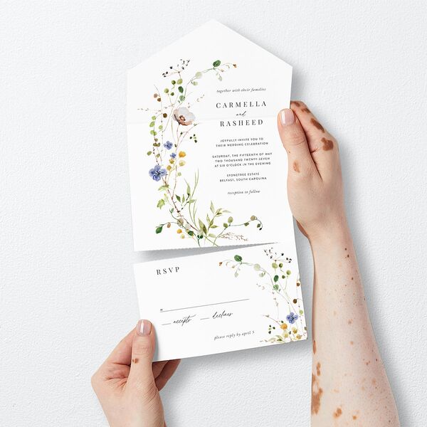 Delicate Wildflower All-in-One Wedding Invitations Pure White Signature Light Both Recipient and Return Addresses No