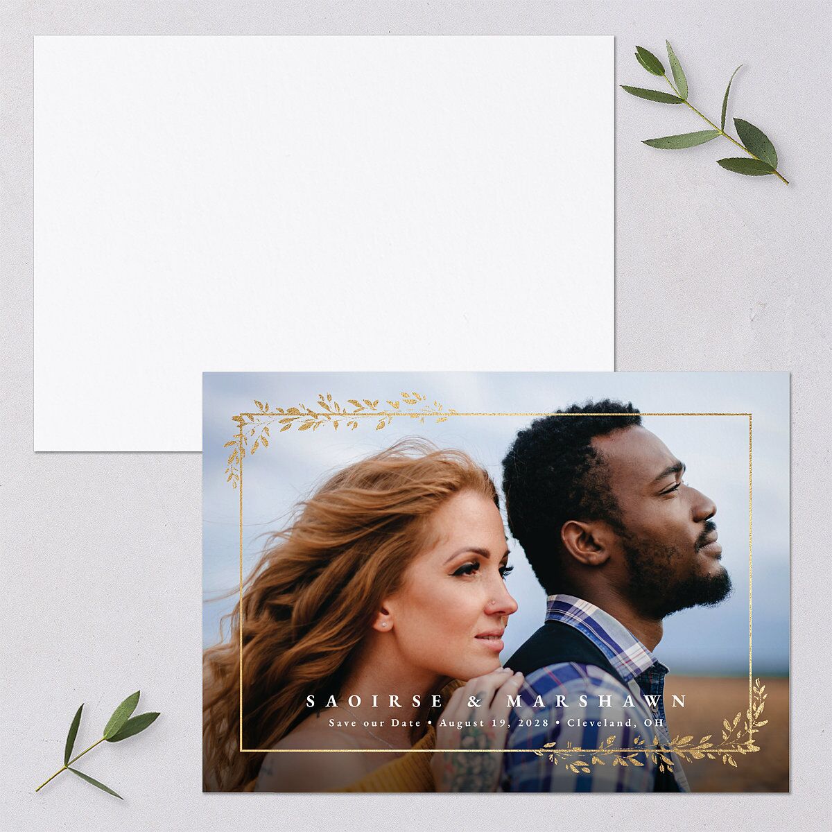Delicate Frame Save the Date Cards Gold Pure White Signature smooth Blank No Standard