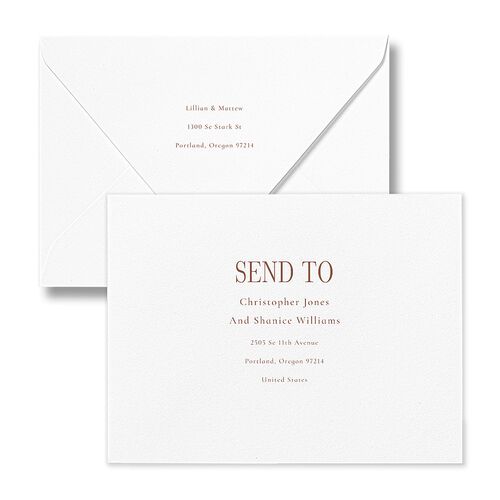 Classically Editorial Save the Date Petite Card Euro Envelopes Copper White Both Recipient and Return Addresses Luxe Signature