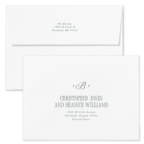Classic Monogram First Christmas Holiday Card Envelopes White Dark Emerald Both Recipient and Return Addresses Standard Signature