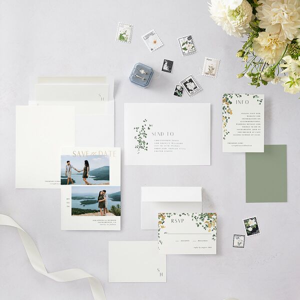 Cascading Florals Save The Date Cards Gold Thyme Signature smooth Blank No