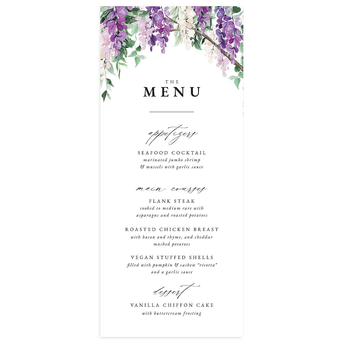 Romantic Wisteria Menus