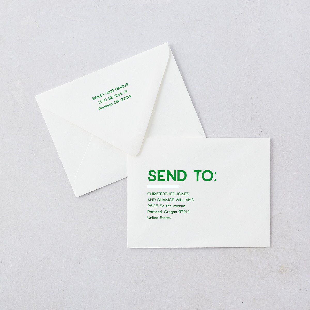 Hand Drawn Party Save the Date Petite Card Euro Envelopes White Jewel Green Both Recipient and Return Addresses Luxe Signature