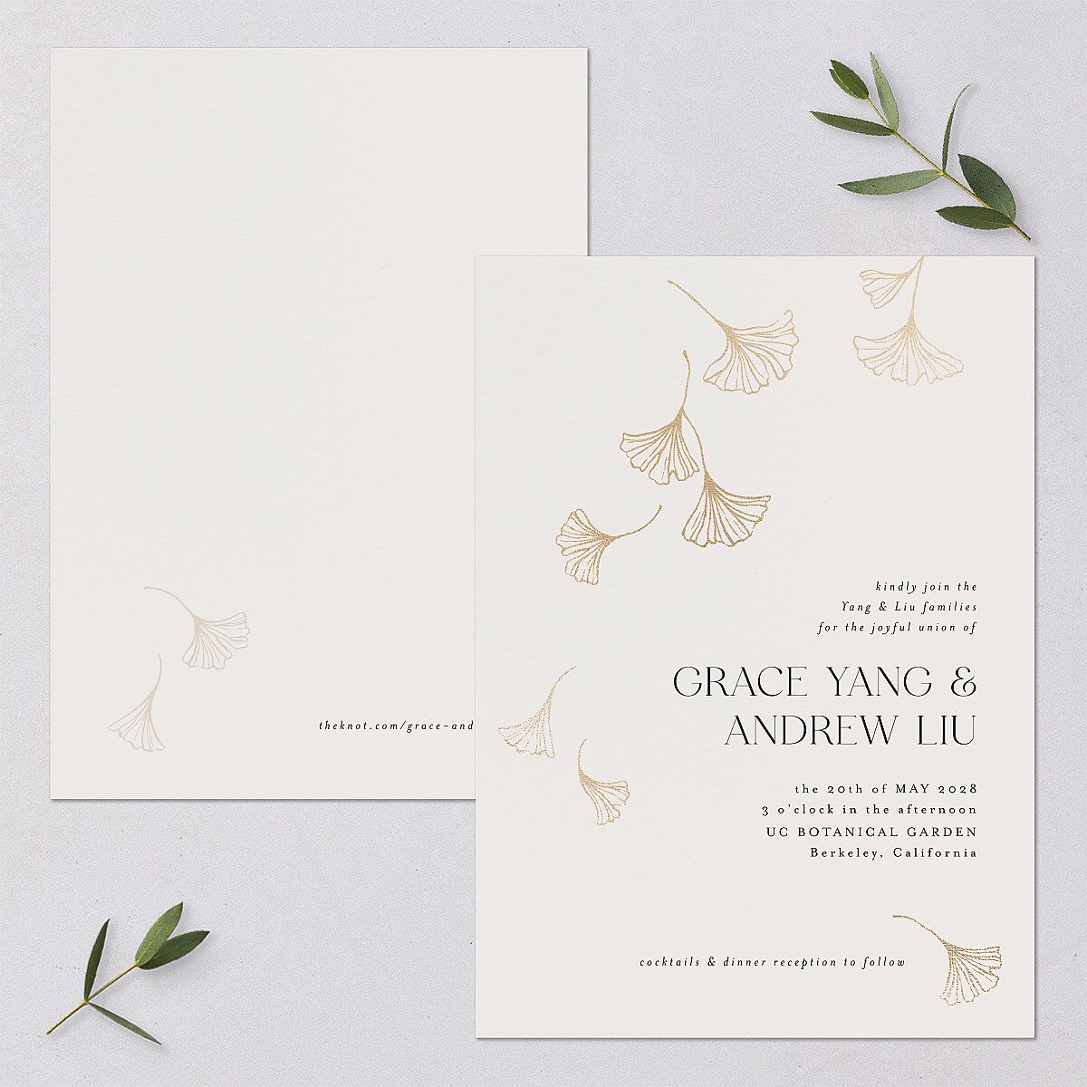 Ginkgo Leaves Wedding Invitations Gold Champagne Signature Blank No