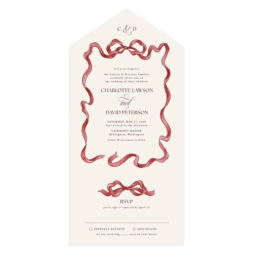 Vintage Bow All-in-One Wedding Invitations Maroon Signature Light Both Recipient and Return Addresses No