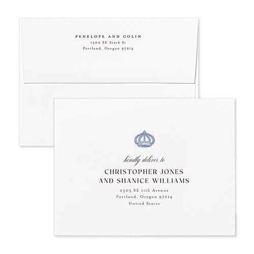 Glamorous Crown Monogram Crest Save the Date Magnet Envelopes by Bridgerton Kraft Cornflower Return Address Signature Standard
