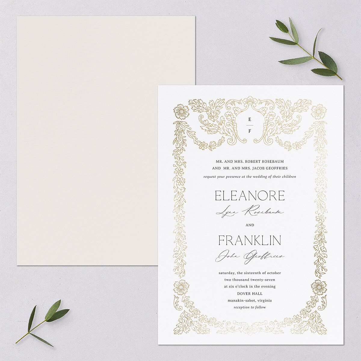 Baroque Border Wedding Invitations Gold Pure White Signature Blank No