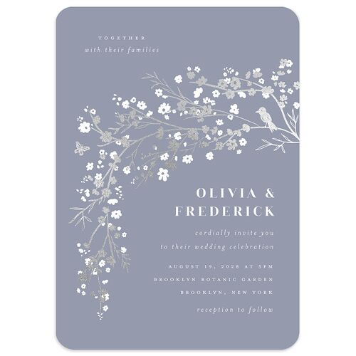 Cherry Blossoms Wedding Invitations Silver Dusty Blue Signature Blank No Rounded