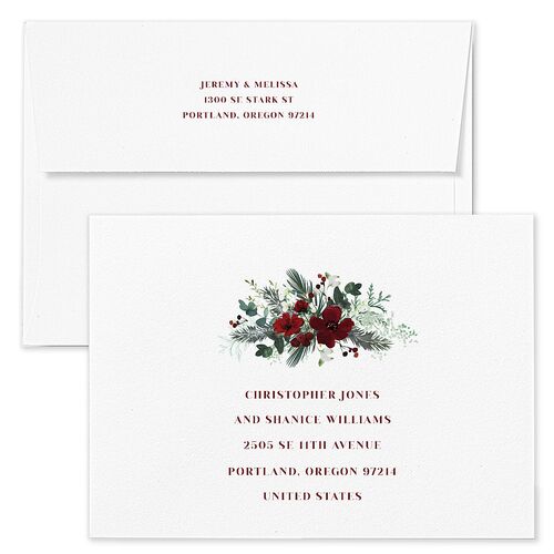 Holiday Bouquet Save The Date Card Envelopes White Maroon Both Recipient and Return Addresses Signature Standard