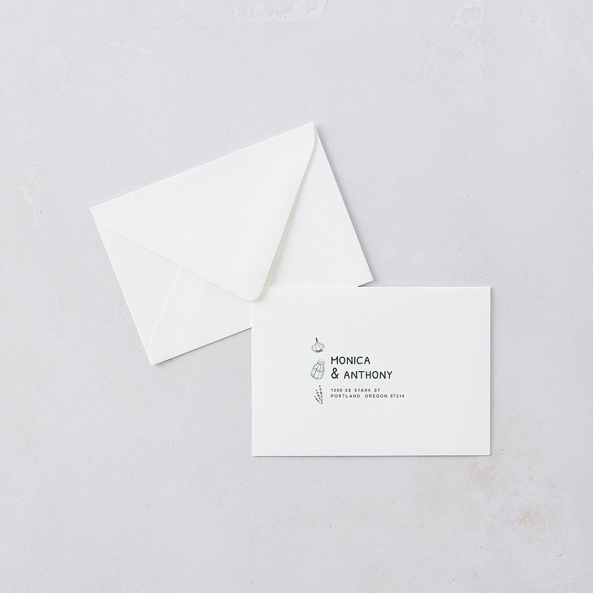 Hand Drawn Recipe Response Card Euro Envelopes White Dark Camo Return Address Luxe