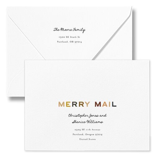 Very Merriest Retro Christmas Holiday Card Euro Envelopes White Walnut Both Recipient and Return Addresses Luxe Signature