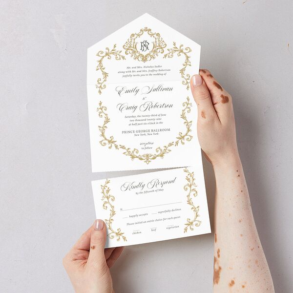 Vintage Regency Monogram Frame All-in-One Wedding Invitations Pure White Signature Light Both Recipient and Return Addresses No