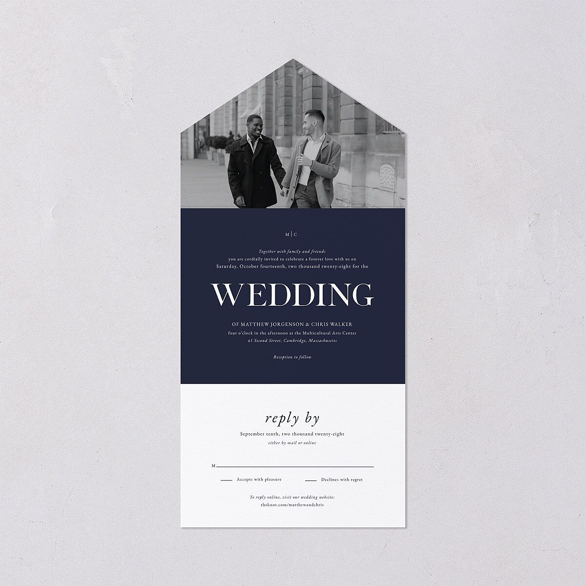 Classically Stated All-in-One Wedding Invitations Navy No Signature Light Both Recipient and Return Addresses