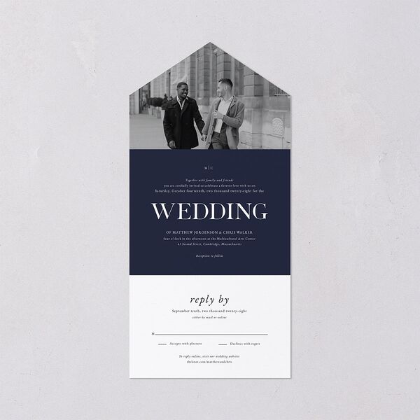 Classically Stated All-in-One Wedding Invitations Navy No Signature Light Both Recipient and Return Addresses