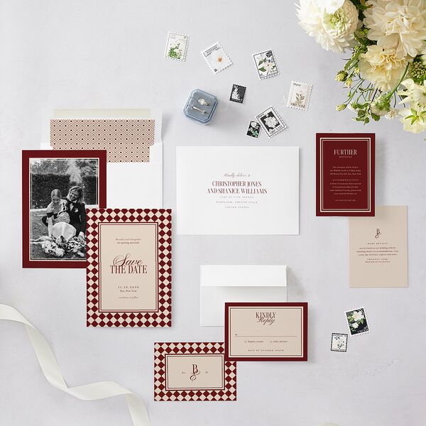 Elegant Diamond Pattern Save the Date Cards Burgundy Signature smooth Blank No Standard