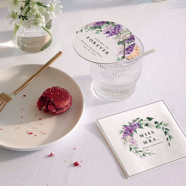 Romantic Wisteria Bridal Shower Wedding Day Coasters Purple Petal Cardboard Circle
