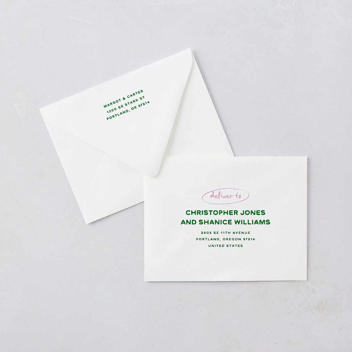 Whimsically Retro Handwritten Note Save the Date Petite Card Euro Envelopes Kelly Green White Both Recipient and Return Addresses Luxe Signature