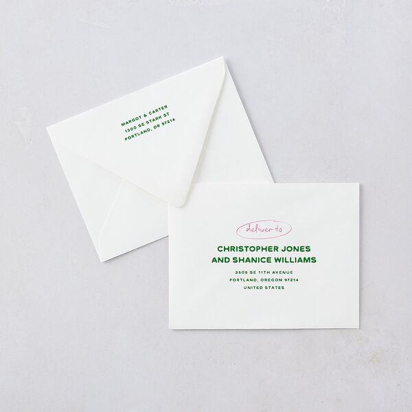 Whimsically Retro Handwritten Note Save the Date Petite Card Euro Envelopes Kelly Green White Both Recipient and Return Addresses Luxe Signature