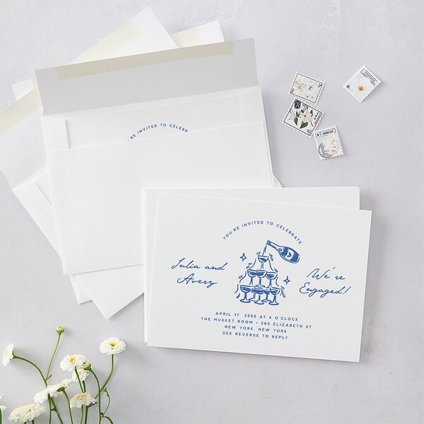 Hand Drawn Cake Engagement Party Invitations French Blue Signature Blank Standard
