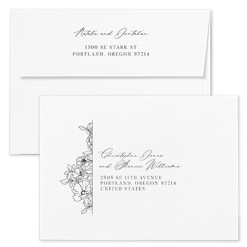 Gilded Florals Wedding Invitation Envelopes White Charcoal Both Recipient and Return Addresses Standard Signature