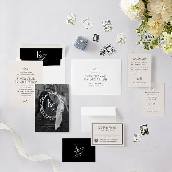 Maximalist Photo Crest Wedding Invitations Linen Signature Blank No Standard