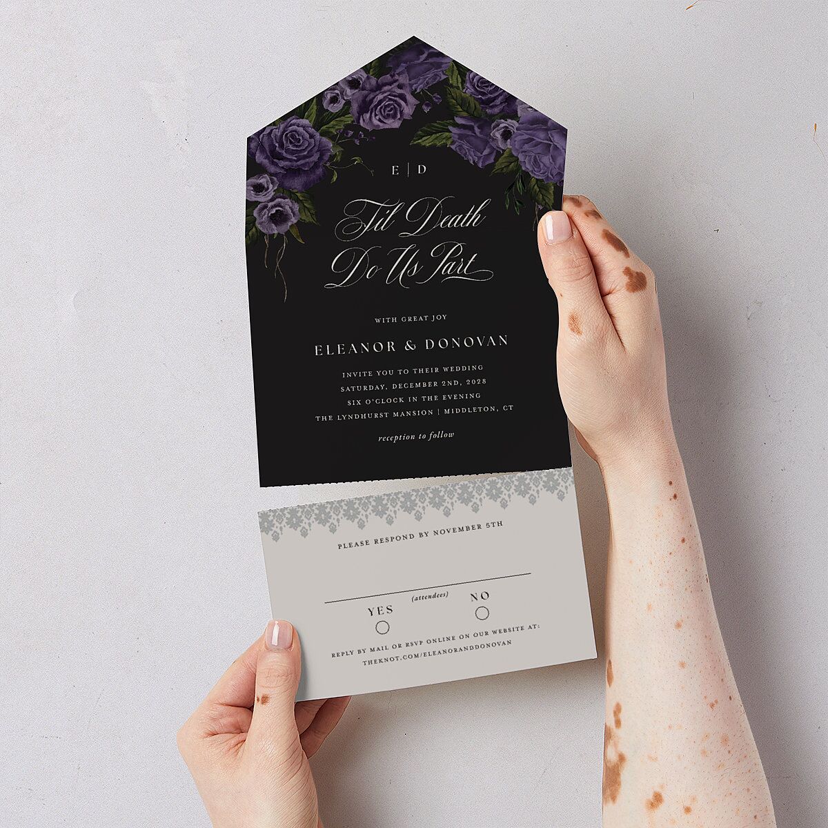 Dark Gothic Roses All-in-One Wedding Invitations Regency Signature Light Both Recipient and Return Addresses No