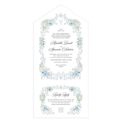 Elegant Floral Regency All-in-One Wedding Invitations Dusty Blue Signature Light Both Recipient and Return Addresses No