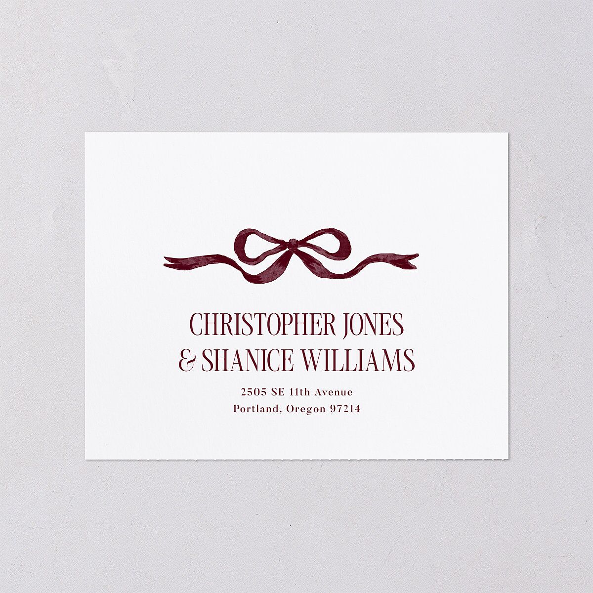 Whimsical Hand Drawn Bow All-in-One Wedding Invitations Burgundy Signature Light Both Recipient and Return Addresses No