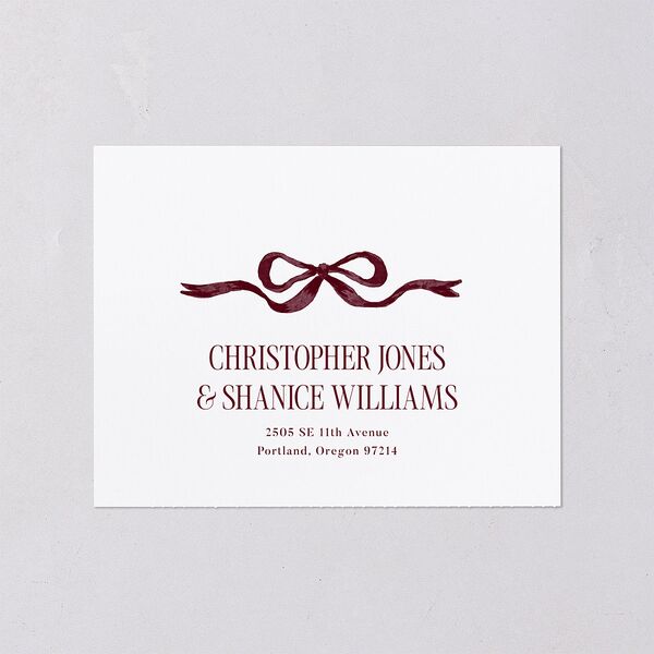 Whimsical Hand Drawn Bow All-in-One Wedding Invitations Burgundy Signature Light Both Recipient and Return Addresses No