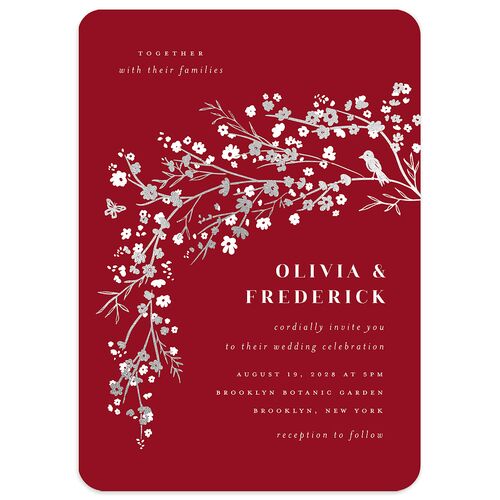 Cherry Blossoms Wedding Invitations Silver Jewel Red Signature Blank No Rounded