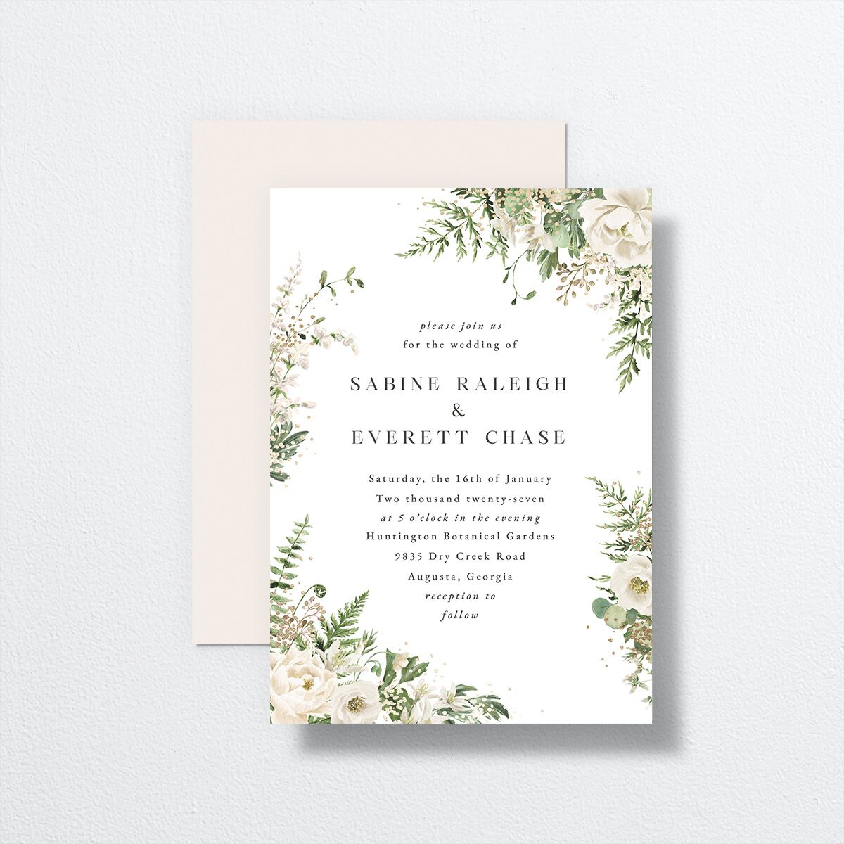 Gilded Fern Frame Wedding Invitations front-and-back