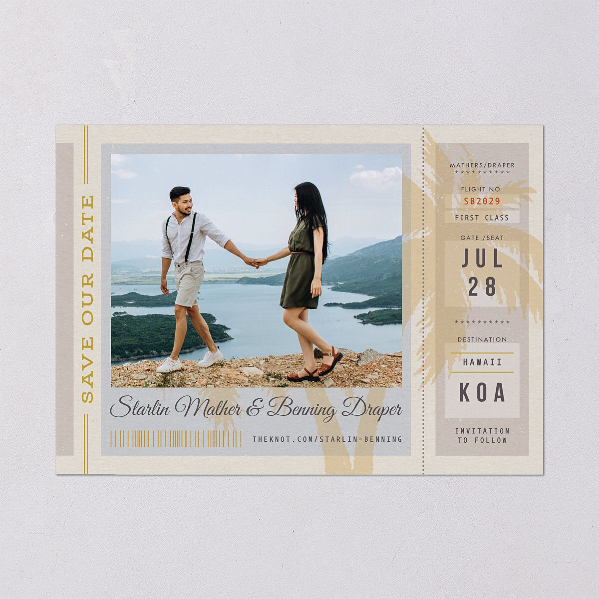 Retro Boarding Pass Travel Ticket Save The Date Cards Slate Signature smooth Blank No Standard