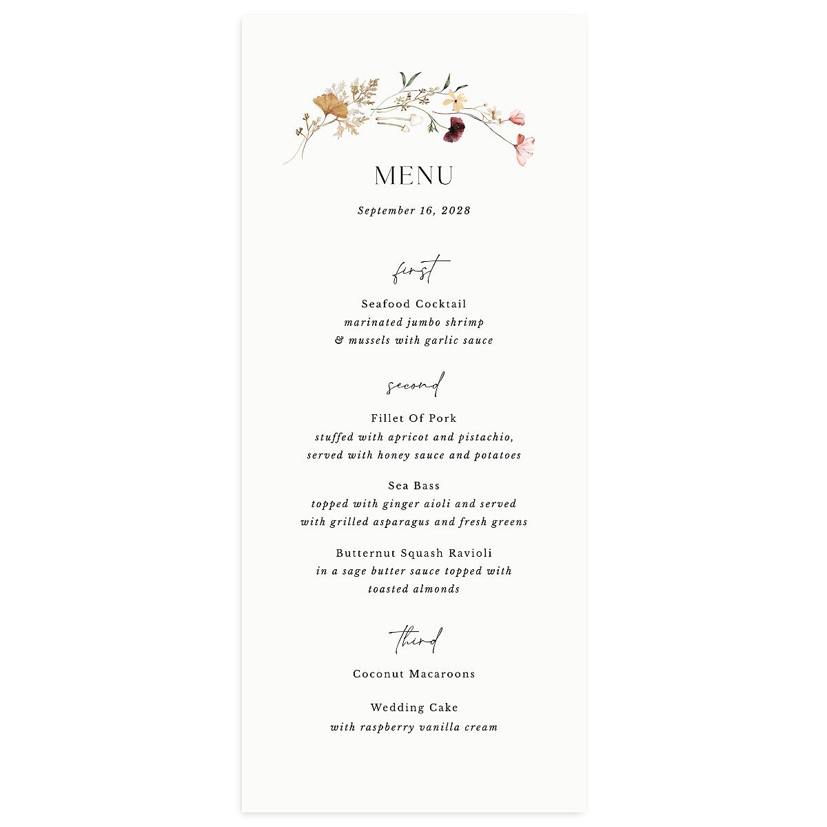 Simple Bohemian Wildflowers Menus