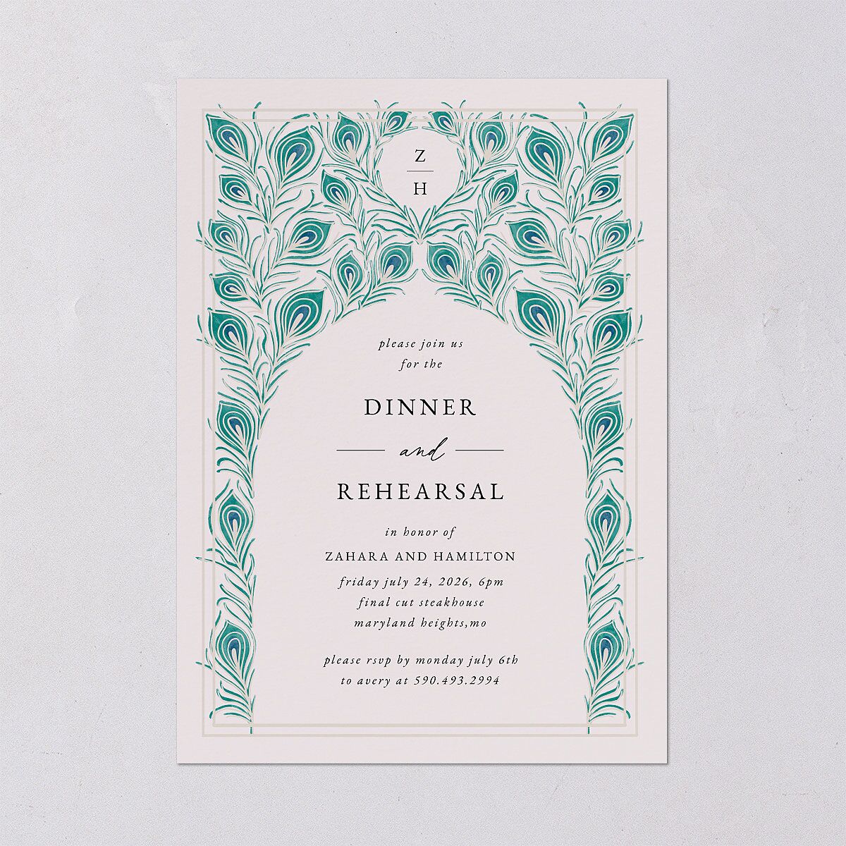 Peacock Nouveau Rehearsal Dinner Invitations Linen Signature Blank Standard