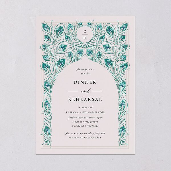 Peacock Nouveau Rehearsal Dinner Invitations Linen Signature Blank Standard