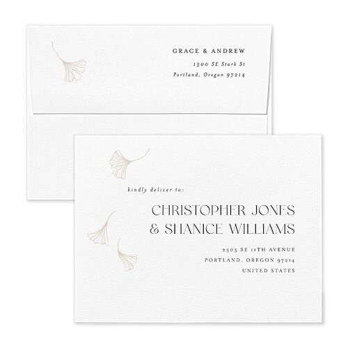 Ginkgo Leaves Thank You Card Envelopes White Champagne Both Recipient and Return Addresses Signature Standard