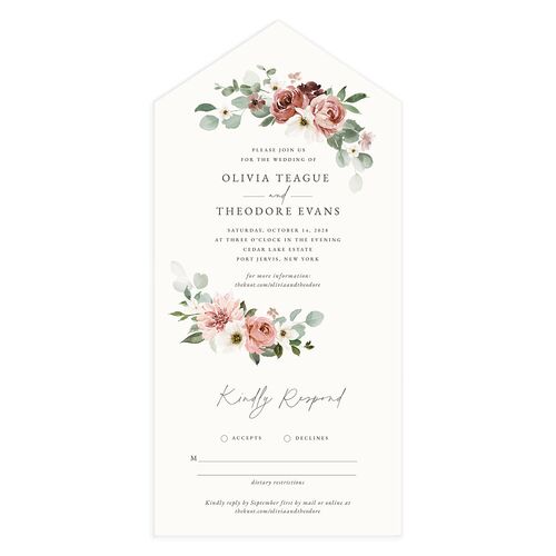 Eucalyptus Bouquet All-in-One Wedding Invitations Dusty Rose Signature Light Both Recipient and Return Addresses No