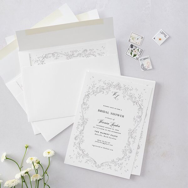 Formal Opulent Frame Bridal Shower Invitations Pure White Signature Blank Standard