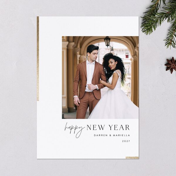 New Years Accent Holiday Cards Gold Pure White Signature Blank Standard Portrait
