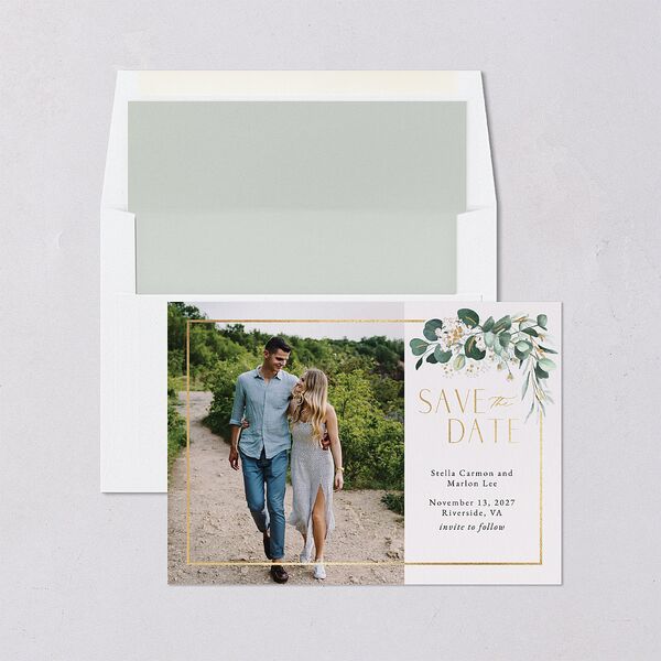 Timeless Floral Hoop Save The Date Cards Gold Pure White Signature smooth Blank No Standard