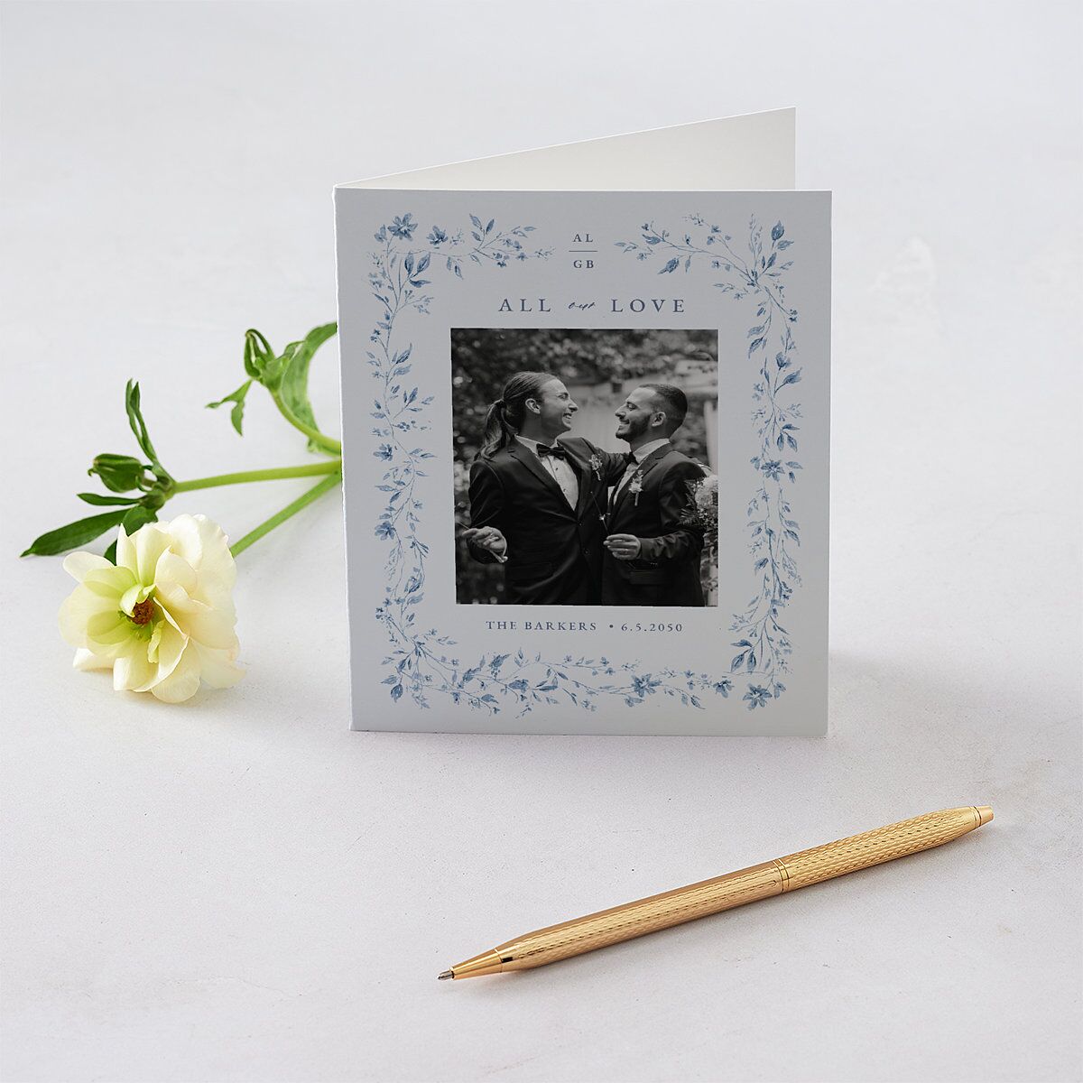 Timeless Floral Photo Thank You Cards Dusty Blue