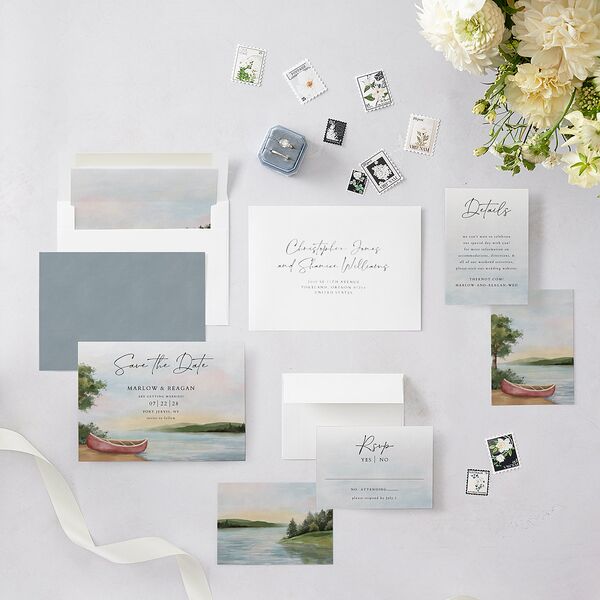 Rustic Reflection Save The Date Cards Dusty Blue Signature smooth Blank No Standard