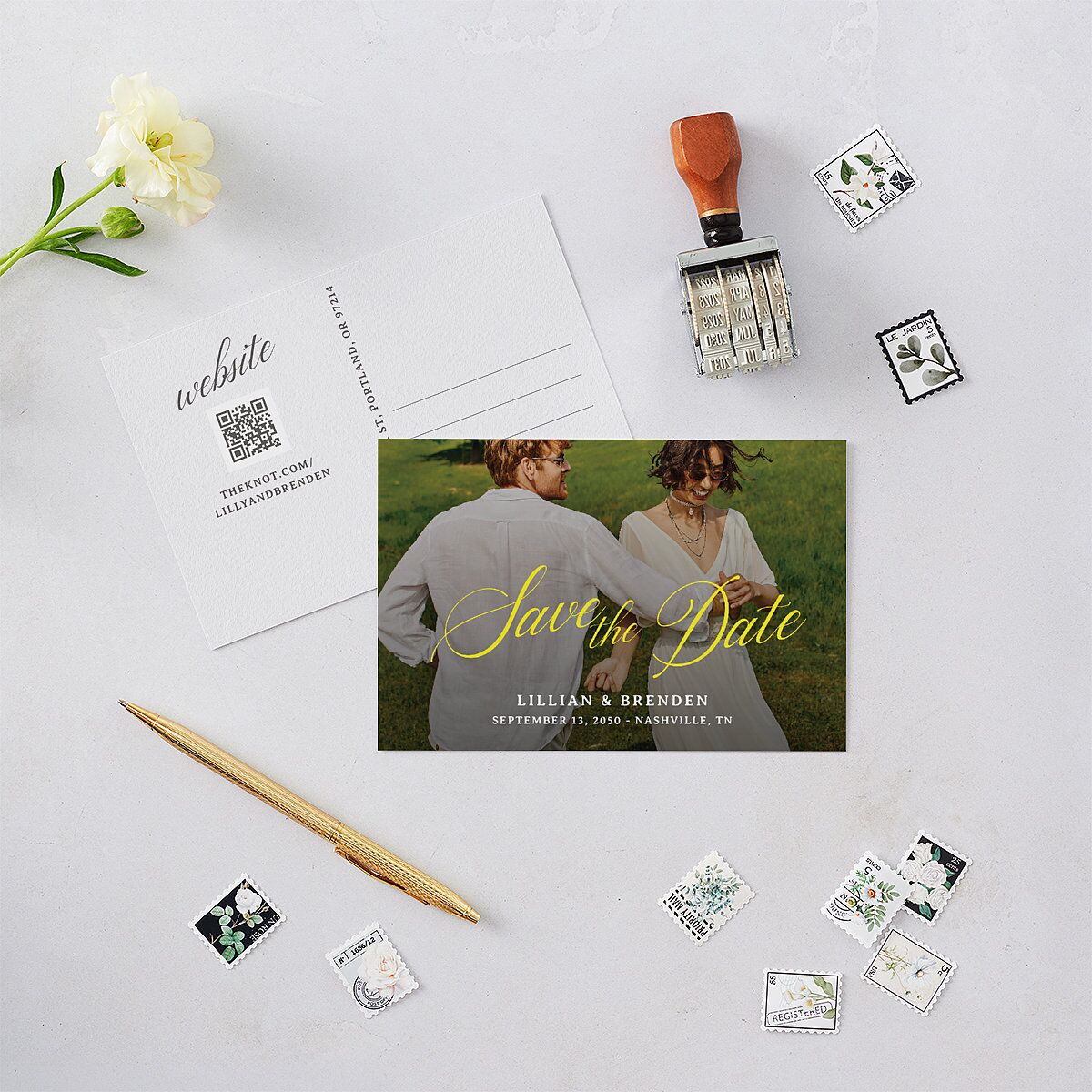Technicolor Calligraphy Photo Save the Date Postcards Pure White
